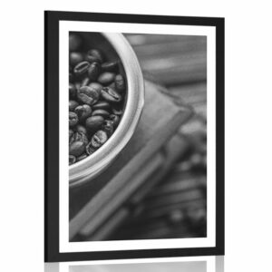 plagat s paspartou vintage mlyncek na kavu v ciernobielom prevedeni