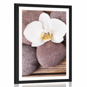 plagat s paspartou wellness kamene a orchidea na drevenom pozadi