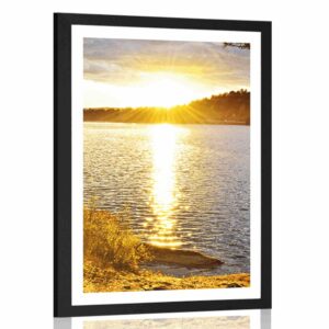 plagat s paspartou zapad slnka nad jazerom