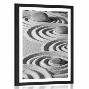 plagat s paspartou zen kamene v piesocnatych kruhoch ciernobielom prevedeni