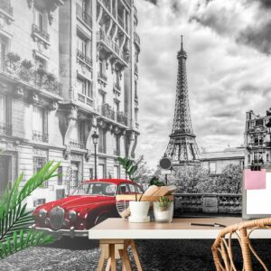 samolepiaca fototapeta cervene retro auto v parizi