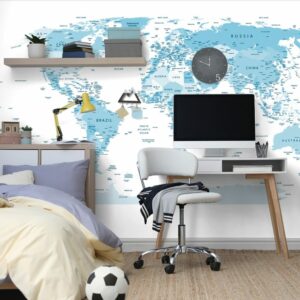 samolepiaca tapeta detailna mapa sveta v modrej farbe
