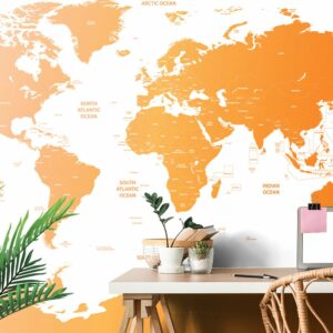 samolepiaca tapeta mapa sveta s jednotlivymi statmi v oranzovej farbe