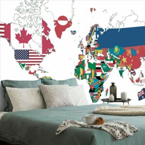 samolepiaca tapeta mapa sveta s vlajkami s bielym pozadim