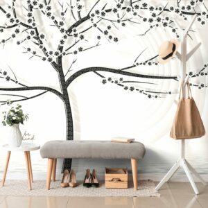 samolepiaca tapeta moderny ciernobiely strom na abstraktnom pozadi