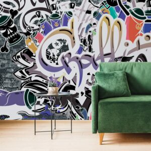 samolepiaca tapeta trendy fialova graffiti stena